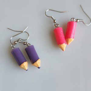 Set of 2 pink & purple colored pencil novelty earrings